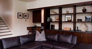 Living room, built in shelving.