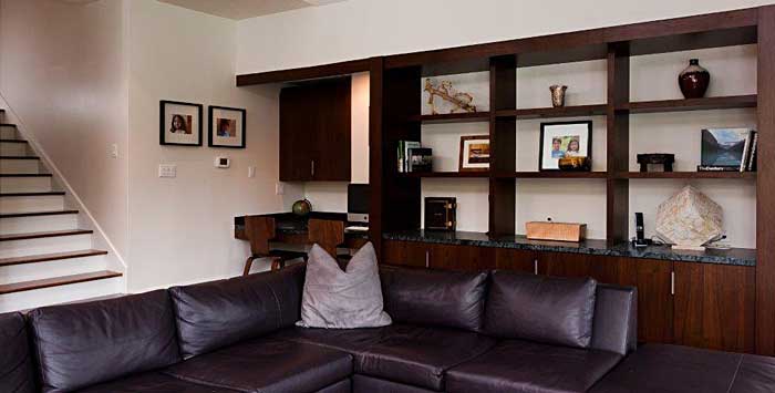 Living room, built in shelving.